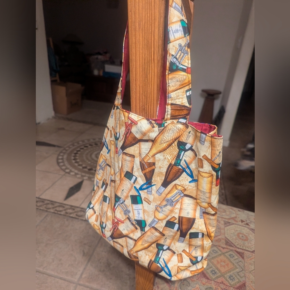 Wine Design Fabric Tote Reusable Grocery Bag Handmade